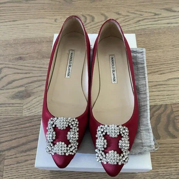 Manolo Blahnik Hangisi Satin Red Flats - Picture 3 of 6